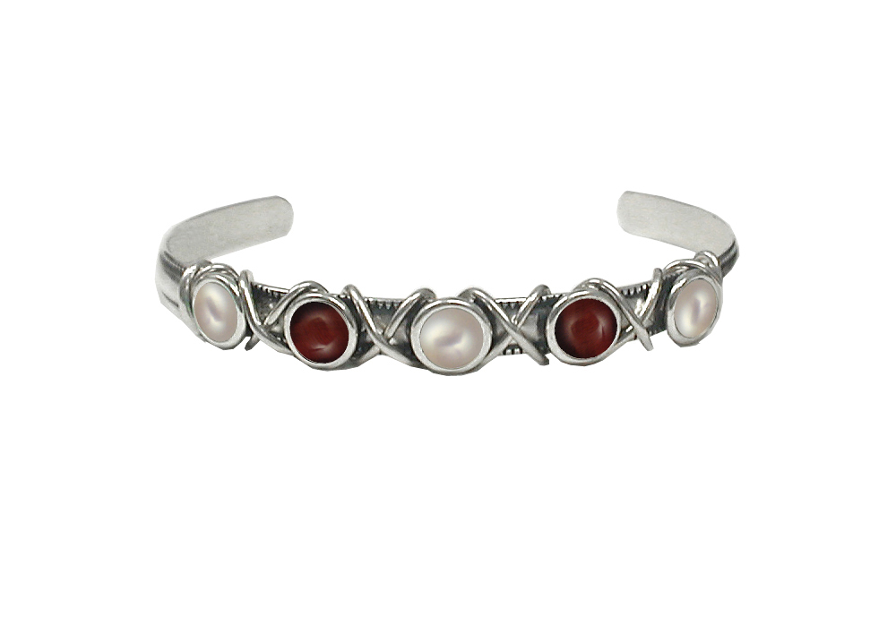 Sterling Silver Cuff Bracelet With Cultured Freshwater Pearl And Red Tiger Eye